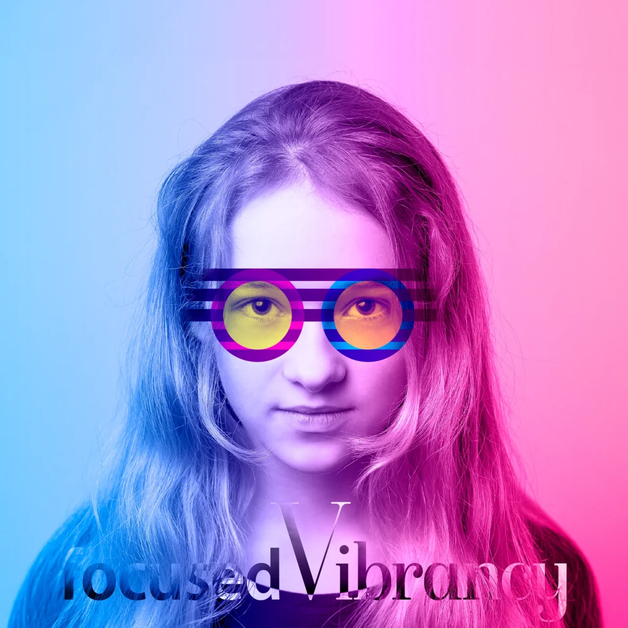 A portrait of a young girl looking straight into the camera wearing funky blue and pink striped vector drawn glasses