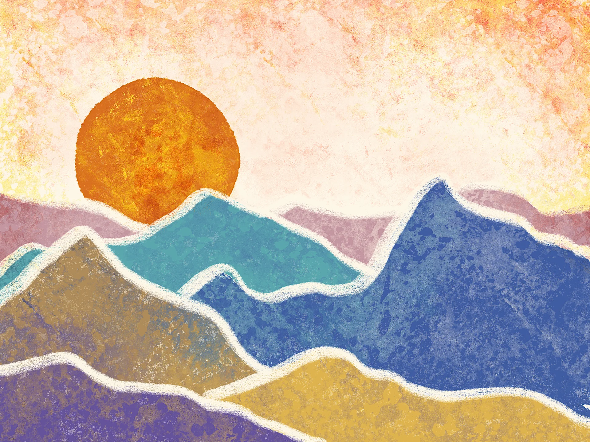 A digital painting of a colorful mountainous landscape with an orange rising sun, rendered in a minimal flat style with a prominent organic texture.