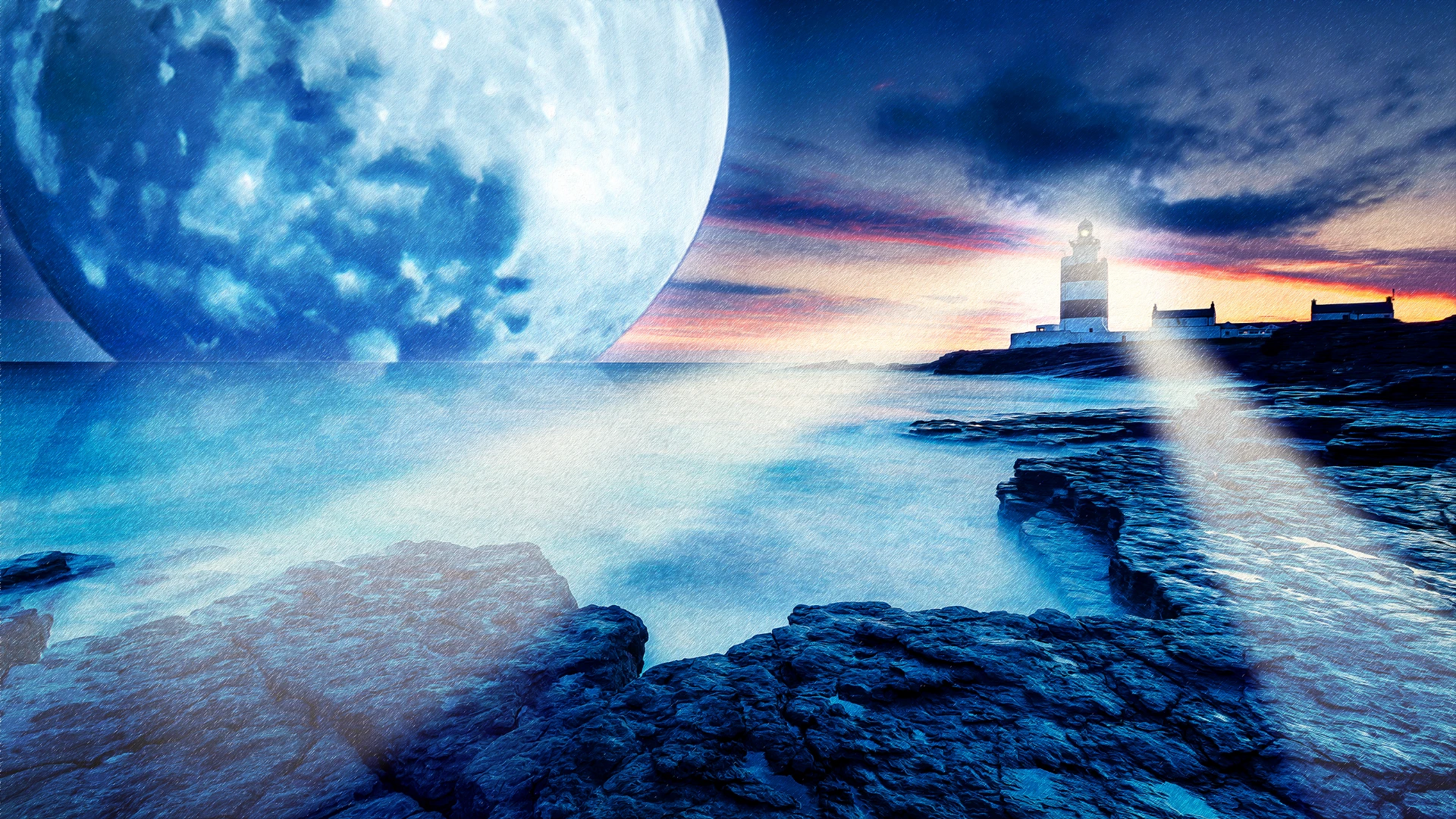 A view from a rocky shoreline onto the sea with a lighthouse and an oversized moon behind the horizon